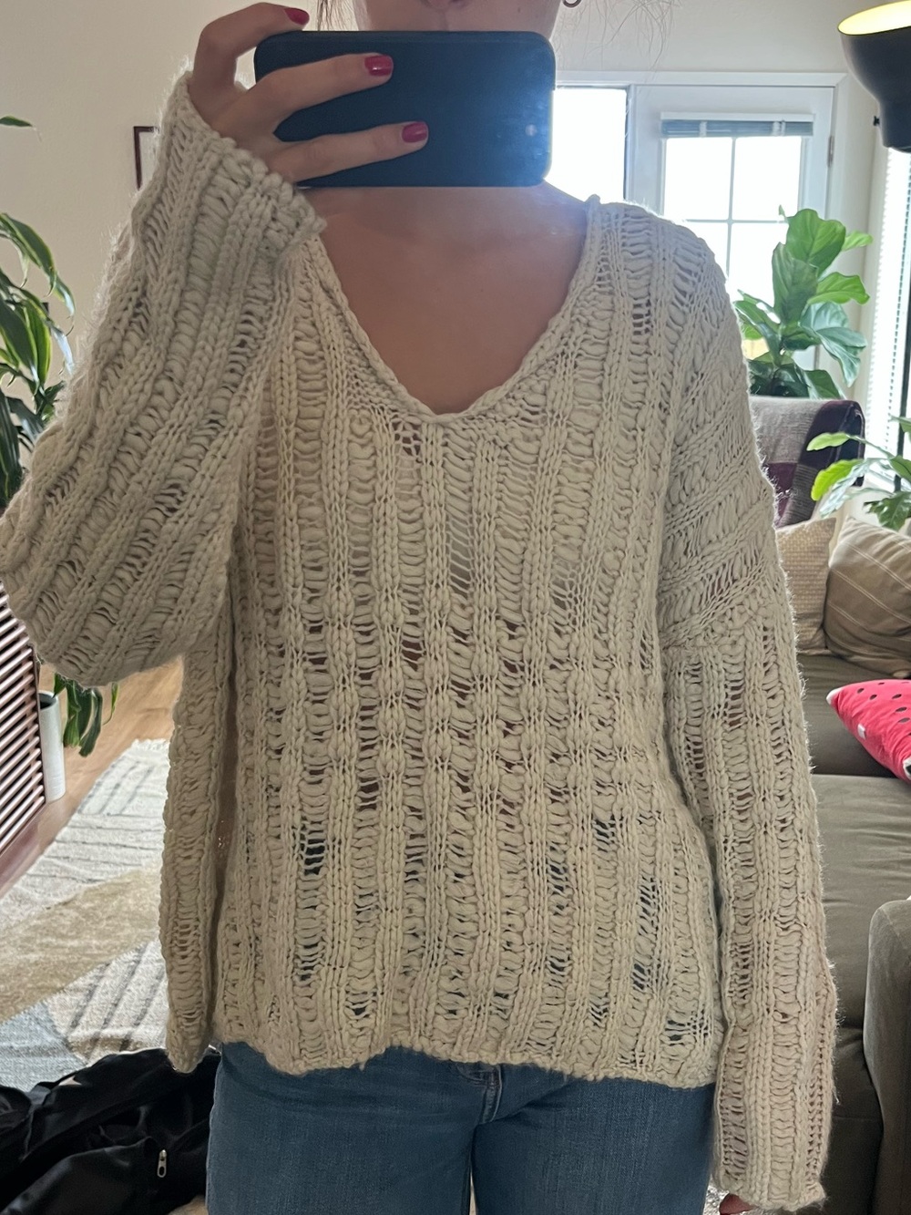 Urban Outfitters Cream Open-Knit V-Neck Sweater